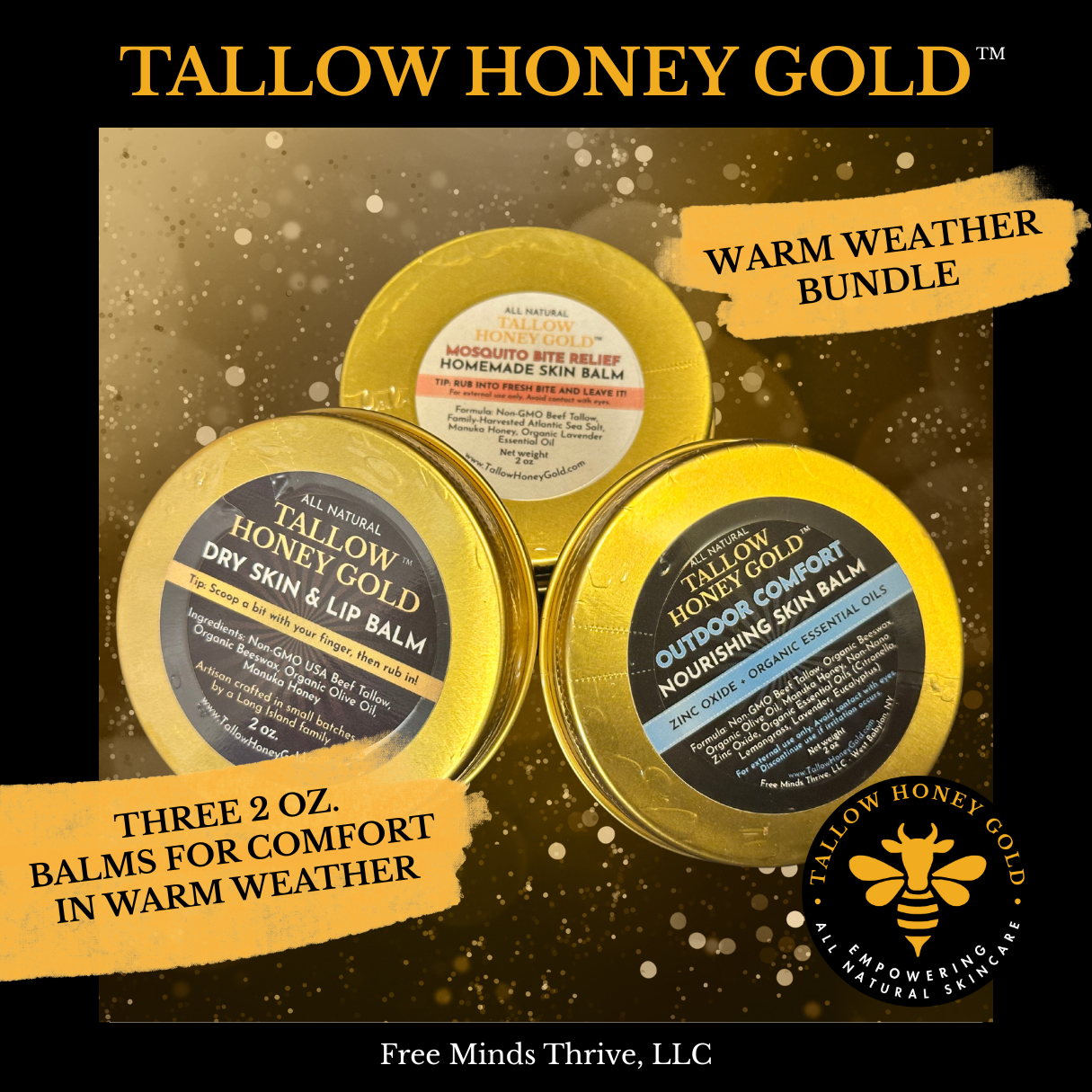 WARM WEATHER BUNDLE - 3 Different 2 oz. Skin Balms (Tallow Honey Gold)