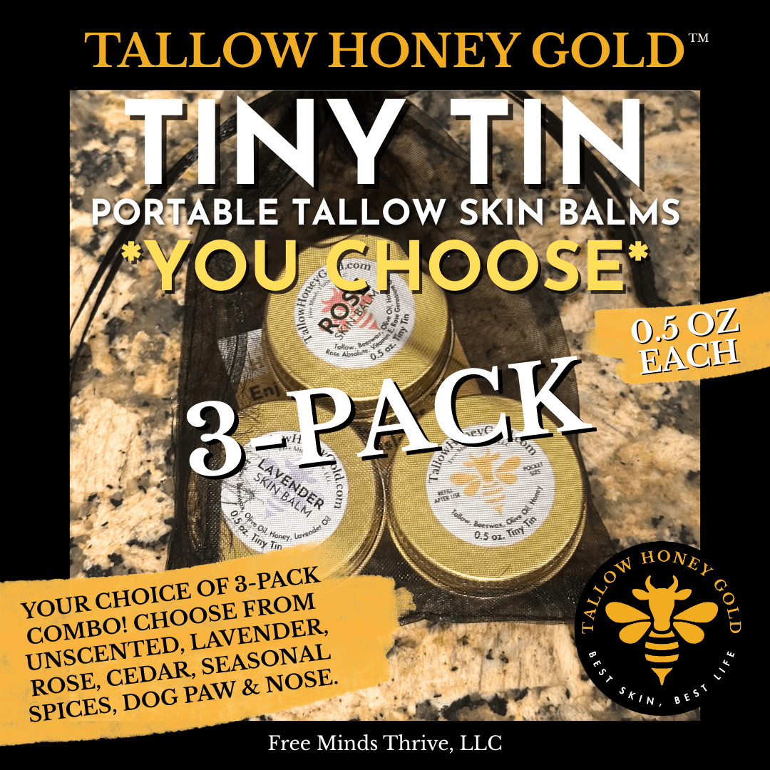 Tiny Tin *You Choose* Tallow Balm 3-Pack (0.5 oz. each) - Tallow Honey Gold (Free Minds Thrive, LLC)